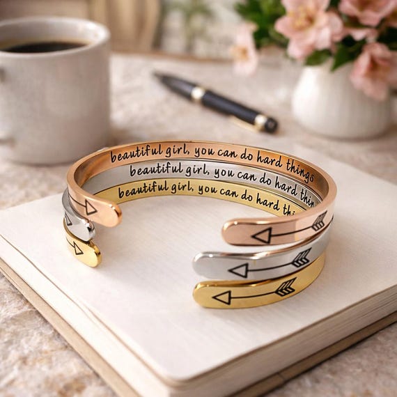 Beautiful Girl You Can Do Hard Things, Stainless Steel Inspirational Cuff Bracelet