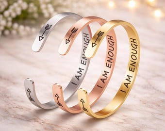 I am ENOUGH Bracelets Cuff Jewelry Gift for Confidence - Inspirational bracelets for Women, Men.