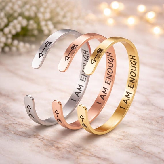 I am ENOUGH Bracelets Cuff Jewelry Gift for Confidence - Inspirational bracelets for Women, Men.