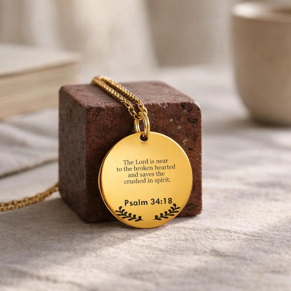 Psalm 34:18  Christian Jewelry & Faith Gift - The Lord is near to the broken hearted and saves the crushed in spirit Necklace.