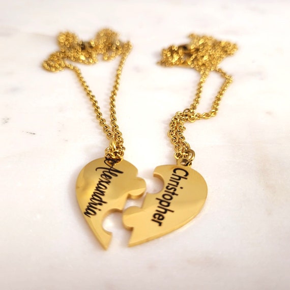 Personalized Name Interlocking Puzzle Heart Pendant Necklace Pair - A Meaningful Gift for Your Loved One - Gold Color