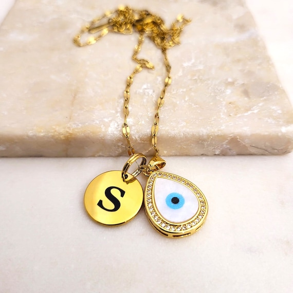 Personalized Evil Eye Necklace Drop shape Pendant with Initial Charm. Blue Evil Eye Necklace for Men & Women.