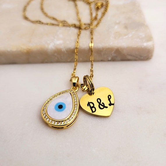 Evil Eye Necklace Drop shape Pendant Personalized with Initial heart Charm. Blue Evil Eye Necklace for Men & Women.