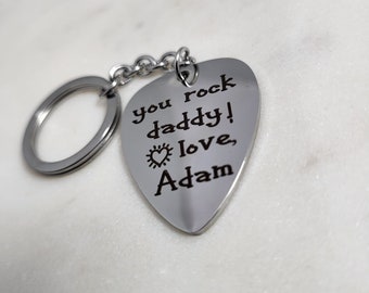 Unique Fathers Day Gift - Personalized NAME -You Rock Daddy guitar pick Key Chain Gift for Men Dad Daddy Father Papa Dadda Custom KeyChain