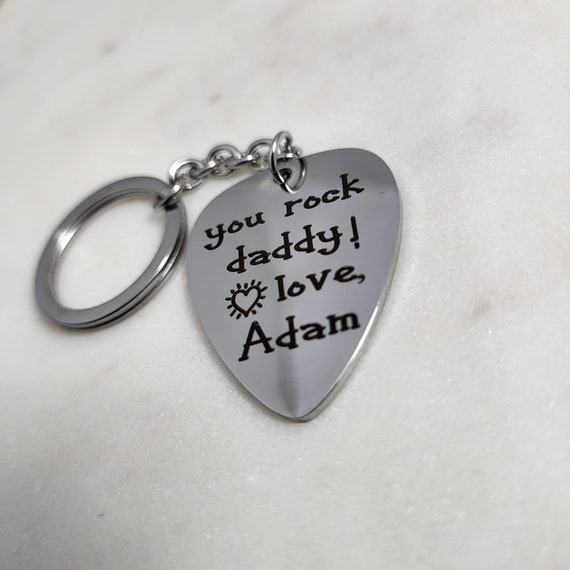 Unique Fathers Day Gift - Personalized NAME -You Rock Daddy guitar pick Key Chain Gift for Men Dad Daddy Father Papa Dadda Custom KeyChain