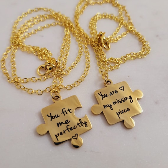 You are my missing piece. You fit me perfectly.  Puzzle Pieces pair pendant necklaces Gold tone