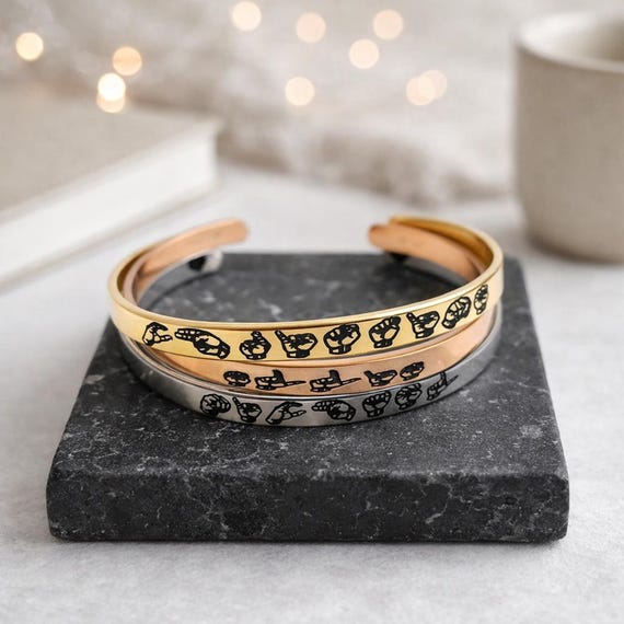 Custom Sign Language Bracelet, Personalized ASL Cuff Bracelet , Personalised Name Bracelets Engrave in Sign Language ASL name Gallaudet font