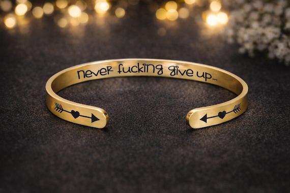 Inspirational Bracelet | Never Give Up - Cuff Bangle Mantra Quote Steel Motivational Jewelry Gift for Women Teen Girls Sister.