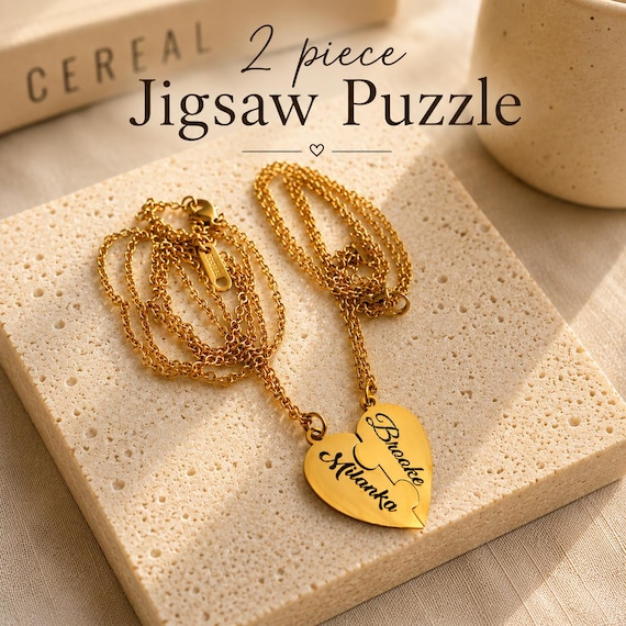 Personalized Name Interlocking Puzzle Heart Pendant Necklace Pair - A Meaningful Gift for Your Loved One - Rose Gold Color