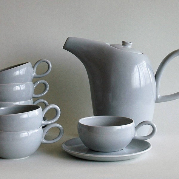 Galaware tea or coffee pot with six cups and saucers in dove grey