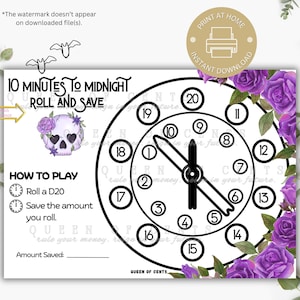Puede incluir: Una hoja de juego imprimible con un diseño de reloj, con el texto "10 Minutes to Midnight Roll and Save". La hoja incluye un gráfico de calavera con flores moradas, una esfera de reloj e instrucciones para jugar. Rosas moradas decoran los bordes.