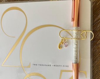 Monogram Pen Holder Clip: Gold Heart, Birthstone Charm - Planner Accessory