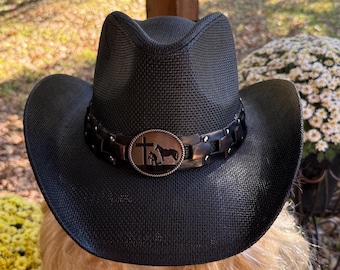 Black Straw Cowboy / Western Hat with black hat band accented with medallion with a silhouette of a horse and cowboy kneeling at across.