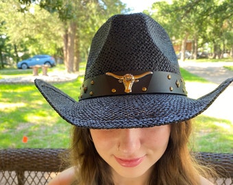 Straw Cowboy Hat, Black with a Black Leather Hat Band with Brass Studs and a Silver Longhorn Pendant, One Size Fits All