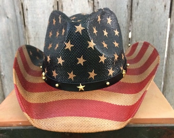 Red White and Blue Stars and Stripes Vintage Look Cowboy Hat. Monogramed with USA on Back Brim.