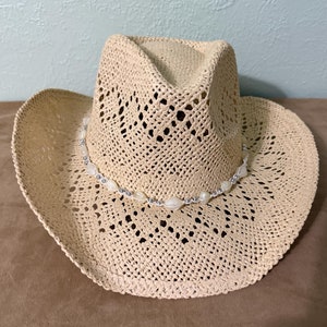 Off White Straw Cowboy Hat with Unique Woven Designs and White Beaded Hat Band