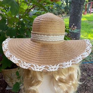 Floppy Brim Hat for Sun and Beach. Beautiful Straw Weave with Woven White Straw Brim and a Lace, Burlap and Pearl Hat Band. One-of-a-kind!