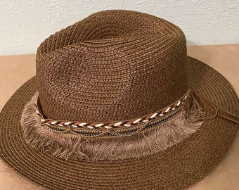 Brown Straw Fedora, Fringed Hatband with Braided Leather and Chain Accents. Boho Style a Perfect Addition to Your Wardrobe One size fits all
