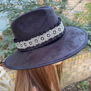 Black Felt Wide Brim Fedora Hat. Absolutely Beautiful Hat Band Made of Lace, Rhinestones and Beads. One of a Kind. Very Unique.