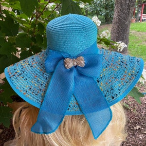 Floppy Brim Hat for Sun and Beach. Foldable Style. Beautiful Multicolor Colors with Hat Band with Bow and Rhinestone Bow on Back