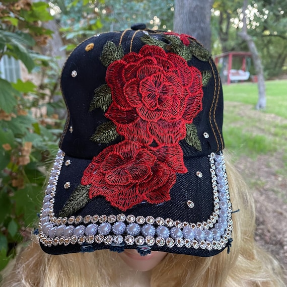 Beautiful Black Denim Cap With Embroidered Red Rose and  display picture 2