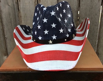 Red White and Blue Stars and Stripes Cowboy Hat. Monogramed with USA on Back Brim