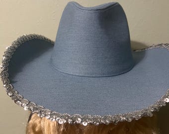 Western Cowboy Hat Denim Blue With Silver Accented Sequin  display picture 2