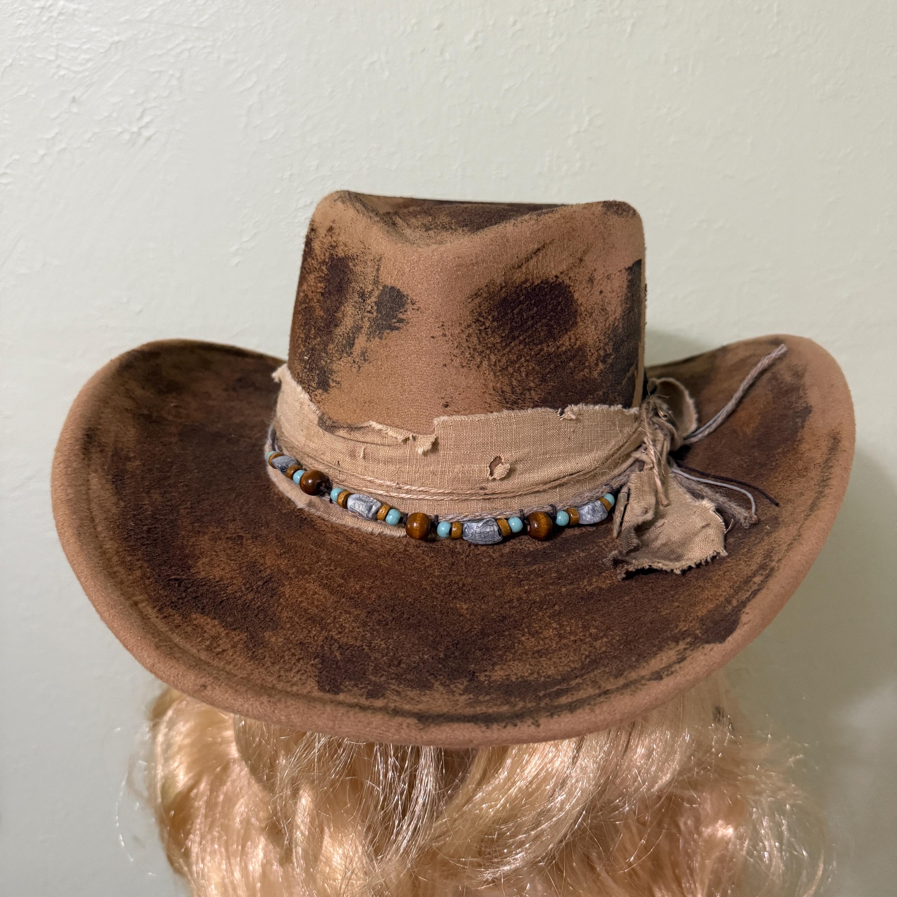 Brown Faux Suede Cowboy Hat Gold Floral Embroidery Turquoise Beaded Band Western Custom Burned Western Hat | Cow Print, Flowers & Leaves - Etsy main image 4