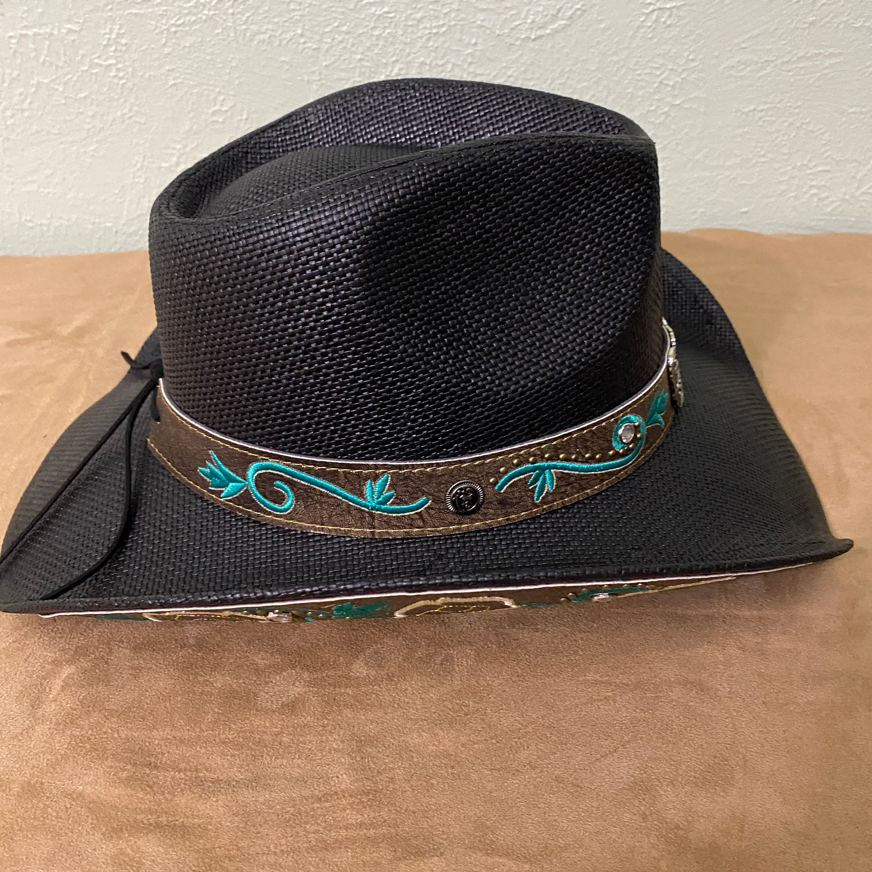 NWT Black Straw Fedora Hat with Turquoise Embroidered Accents Black & Turquoise Straw – Bobbie C Hats main image 3