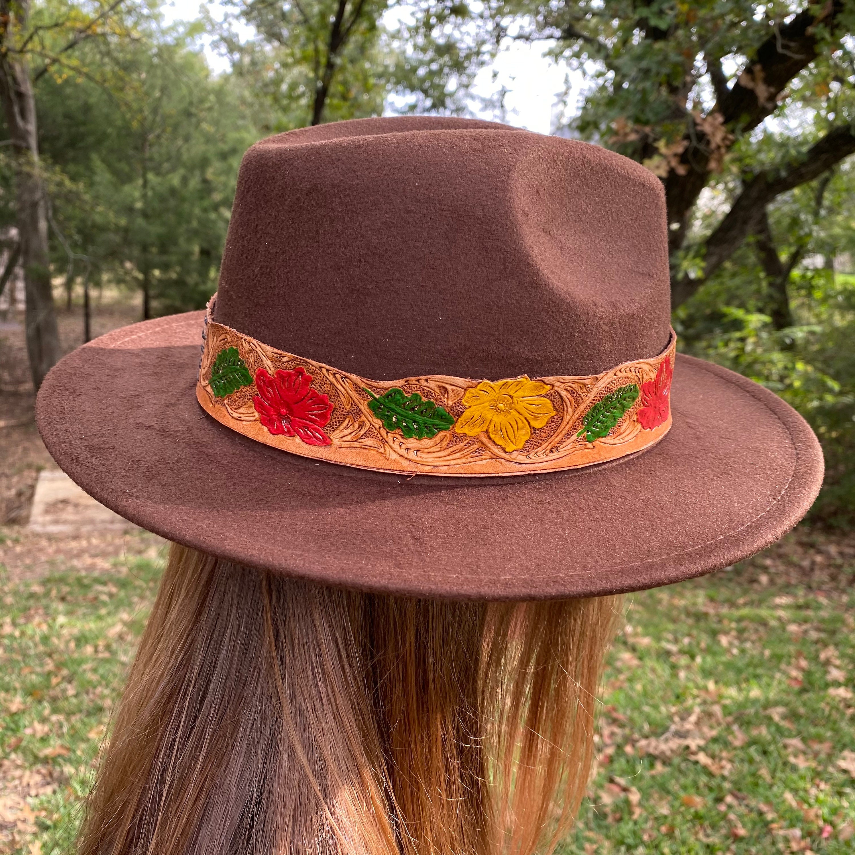 Brown Wool Felt Wide Brim Fedora‎ Hat Leather Tassels Rosette USA Boho Indie Brown Wool Felt Wide Brim Fedora Hat Leather Tassels Rosette  main image 3
