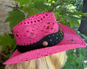 Vibrant Pink Straw Cowboy/western Hat With Wide Scalloped  display picture 3