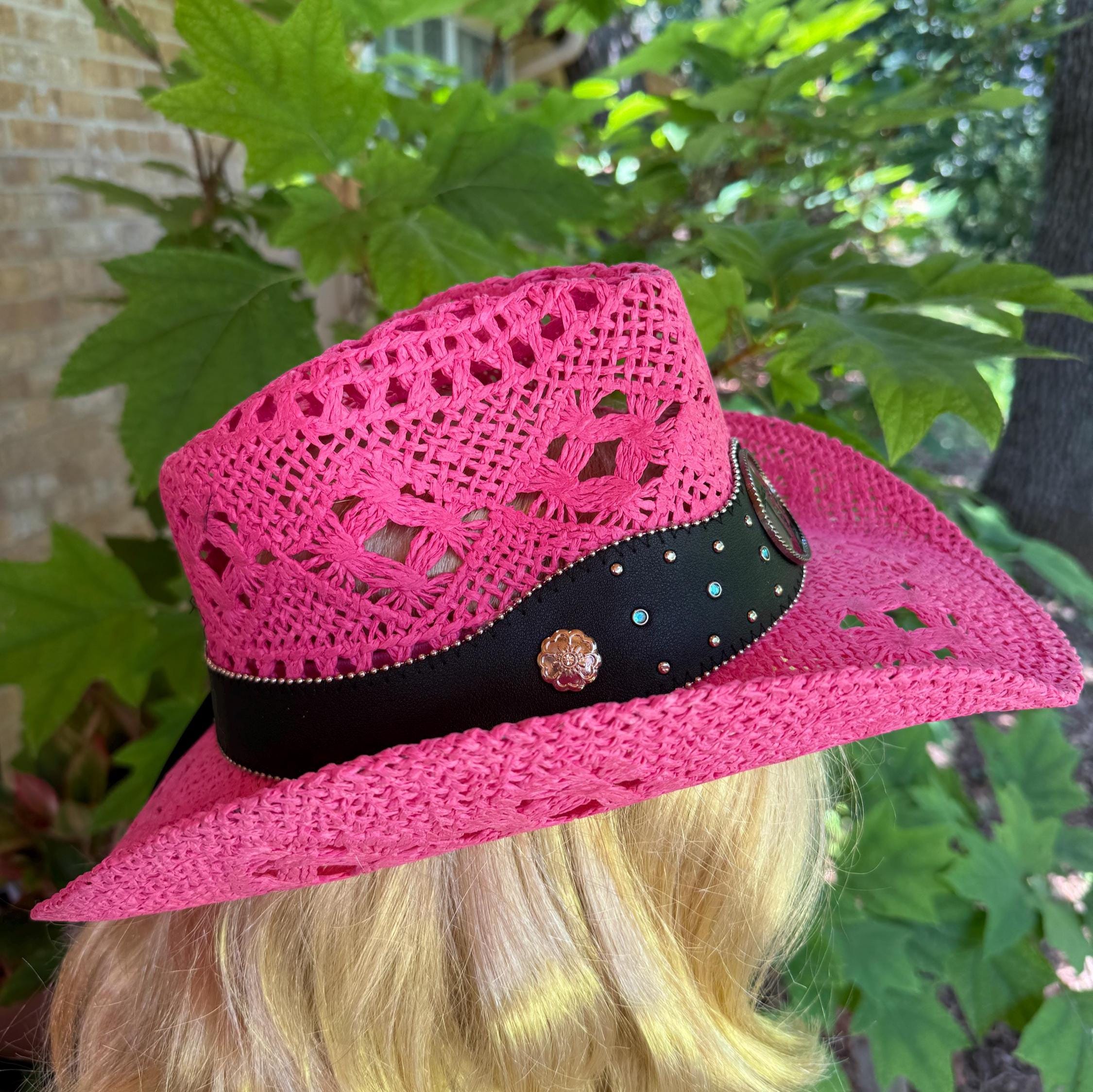 Women’s Straw Cowboy Hat with Pink Floral Band Costume Cosplay Pink Leather Cowboy Hat Rose Pattern Western  main image 2