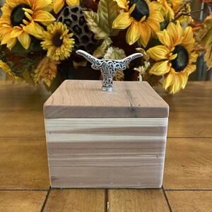 May include: A wooden box with a cedarwood aroma, featuring a silver-toned, ornate, bull's head design on the lid.