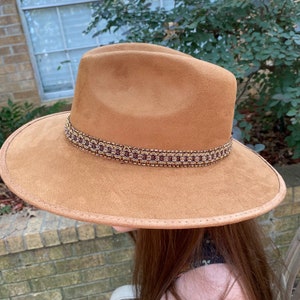 Wide Brim Fedora Hat, Brown with a Beautiful Black, Beige and Gold Braided Hat Band
