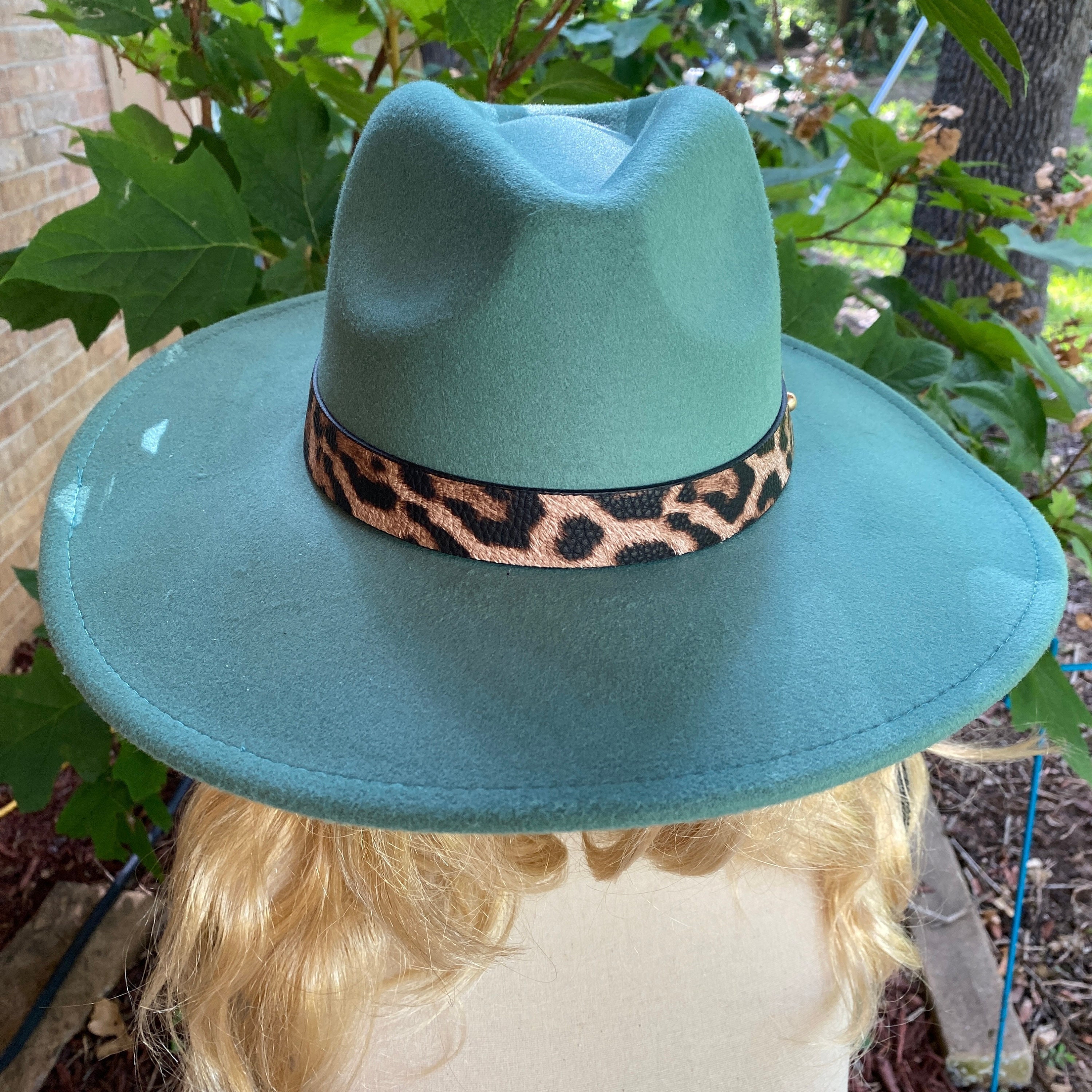 Wide Brim Sky Blue Vegan Felt Fedora Hat With Black and  display picture 1