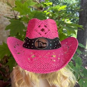 Vintage Cowboy hat w/ spider & cross bright green & pink CH-1043-BEACH COWGIRL GREEN/PINK – girliegirloriginals main image 2