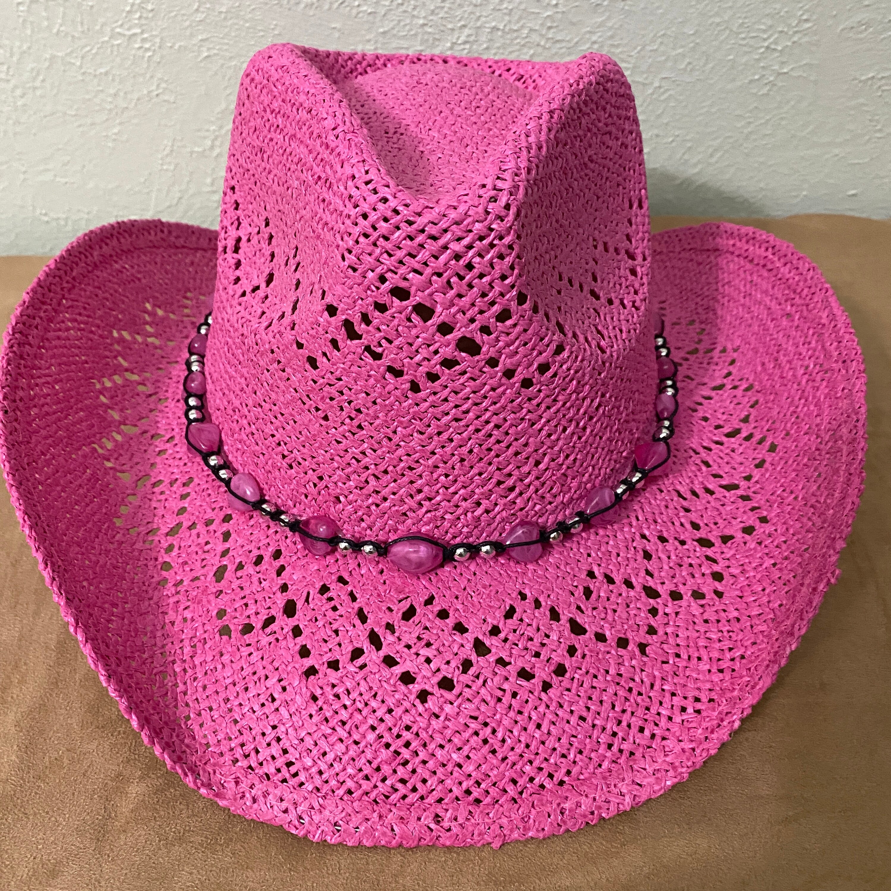 Hot Pink Straw Cowboy Hat With Unique Woven Designs and Pink 