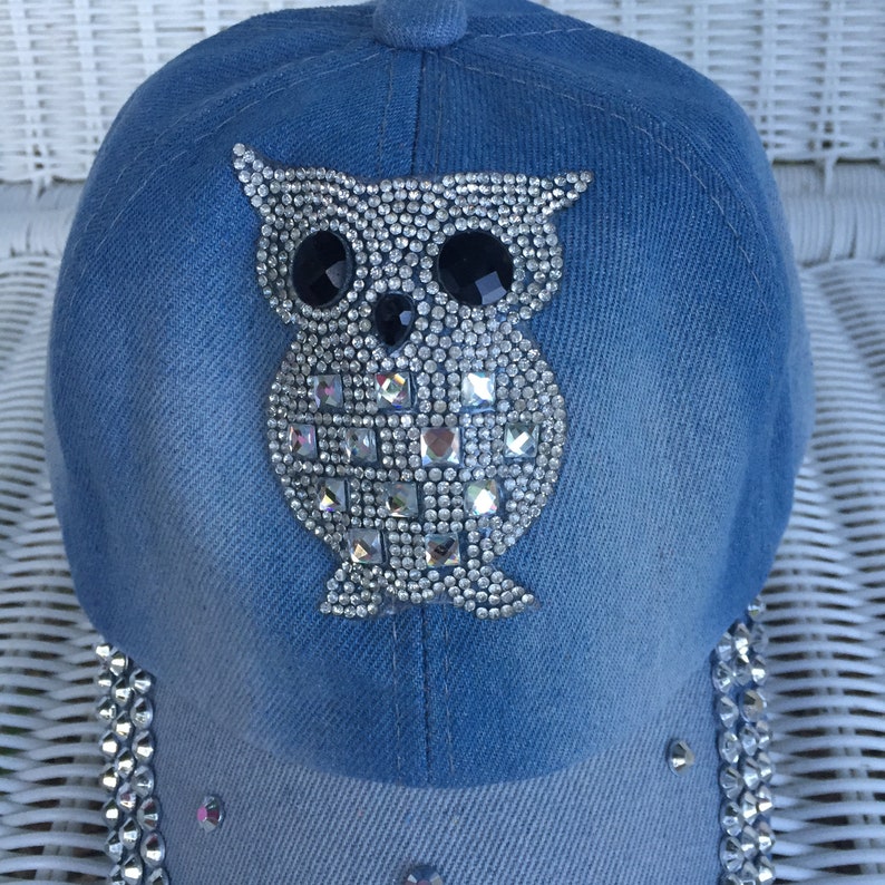 Child/'s Baseball Cap With Large Crystal Owl and Studded Bill Monogramed with You/'re a Hoot on back Denim Cotton Fabric and Adjustable