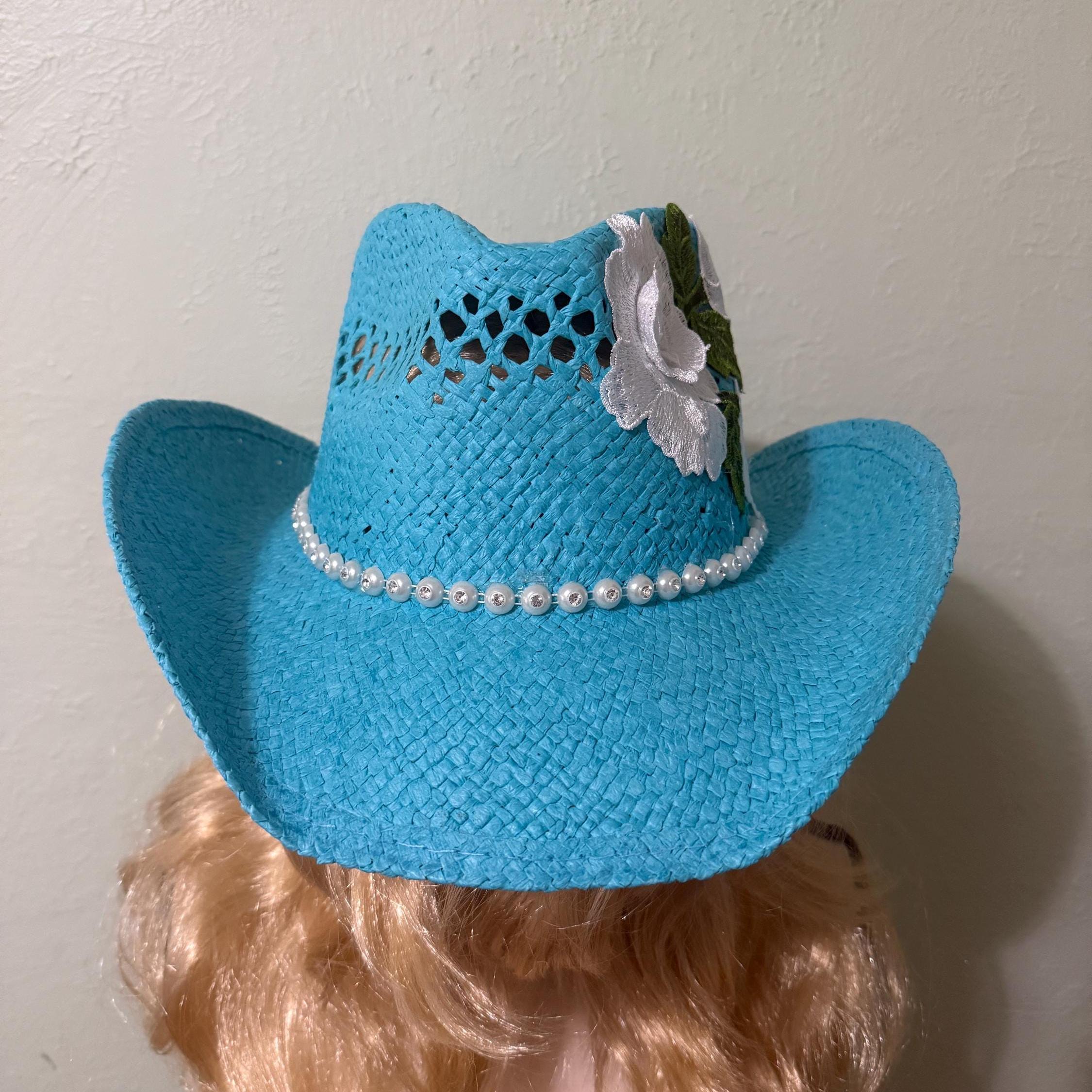 Blue Cowboy Hat With Embroidered White Rose Applique on the  display picture 1