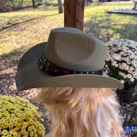 Olive Green Stud Leather Band Ornate Brim Western Straw Hat Accessories | Olive Green Stud Leather Band Ornate Brim  main image 2