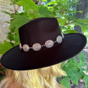 Unique Black Felt Hat with Chain Hat Band with Silver Charms Covered in Rhinestones. Truly a hat for the person who wants a unique look