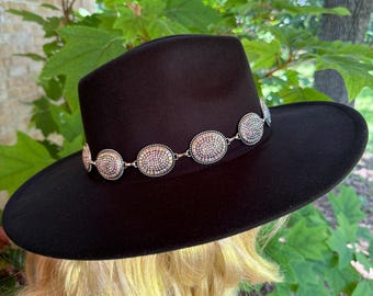 Black Western Cowboy Fedora Hat with Silver Concho Horse Chain Band Black Western Concho Silver Chain Fedora Hat – Simply Me  main image 4