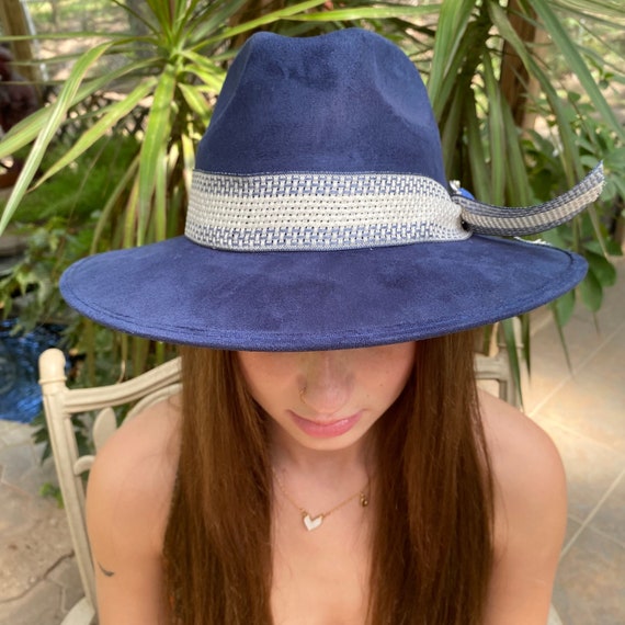 Blue & White Pearl Embellished Band Pointed Fedora Hat Accessories | Blue White Pearl Embellished Band Pointed  main image 2