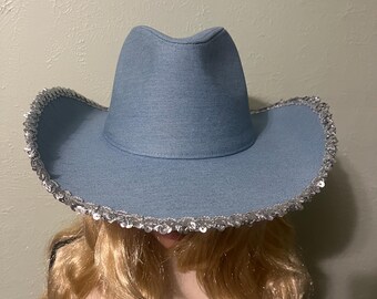 Western Cowboy Hat Denim Blue With Silver Accented Sequin  display picture 2