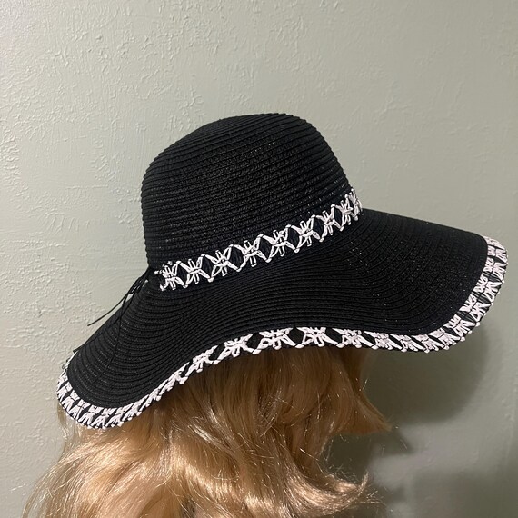 Summer Floppy Hat - Like New - Handbeaded Black and Triangle Beaded Trim Sea Breeze Sun Hat - Large Fray Brim Straw Hat 21 main image 4