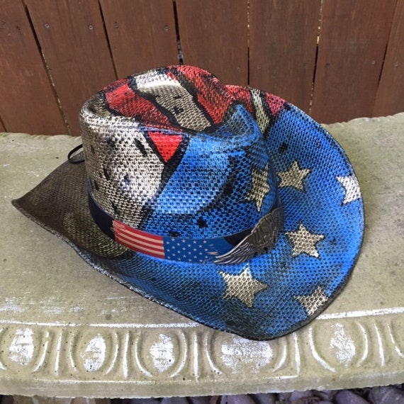 Red White Blue Straw Cowboy Hat Antique 