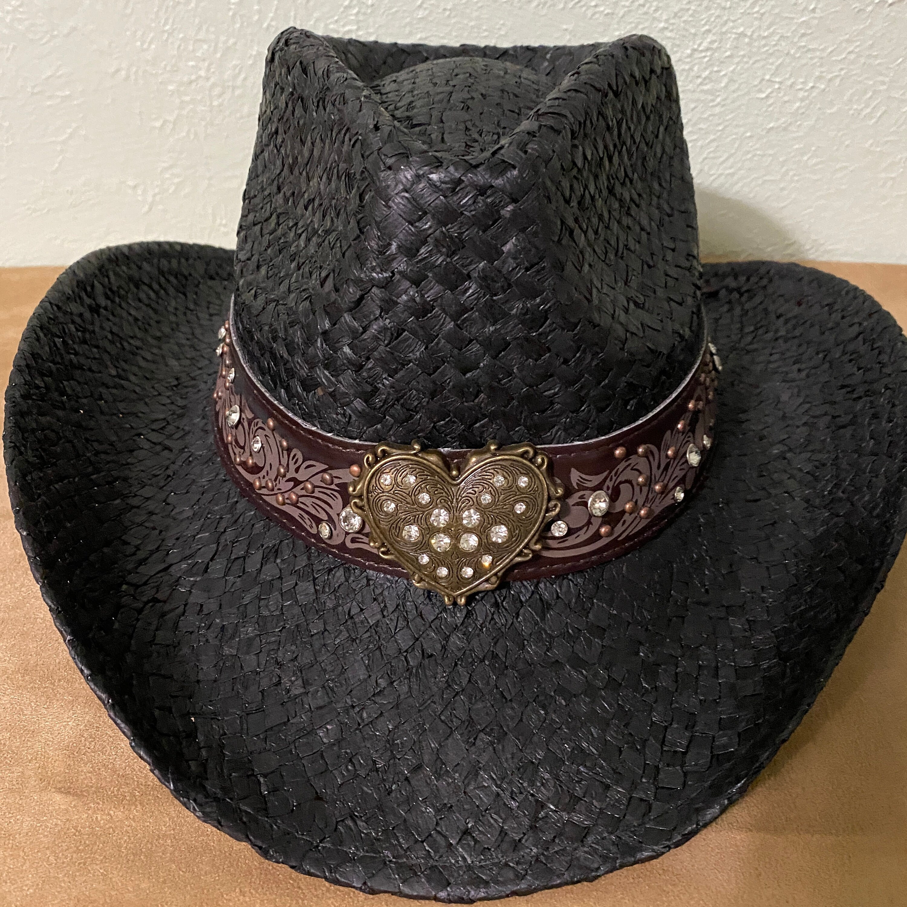 Beloved Millinery Couture Black Gold Jeweled Stoned Straw Cowboy Western Hat NWT Black Cowgirl Hat for Beach Boating Day Summer Music  main image 4