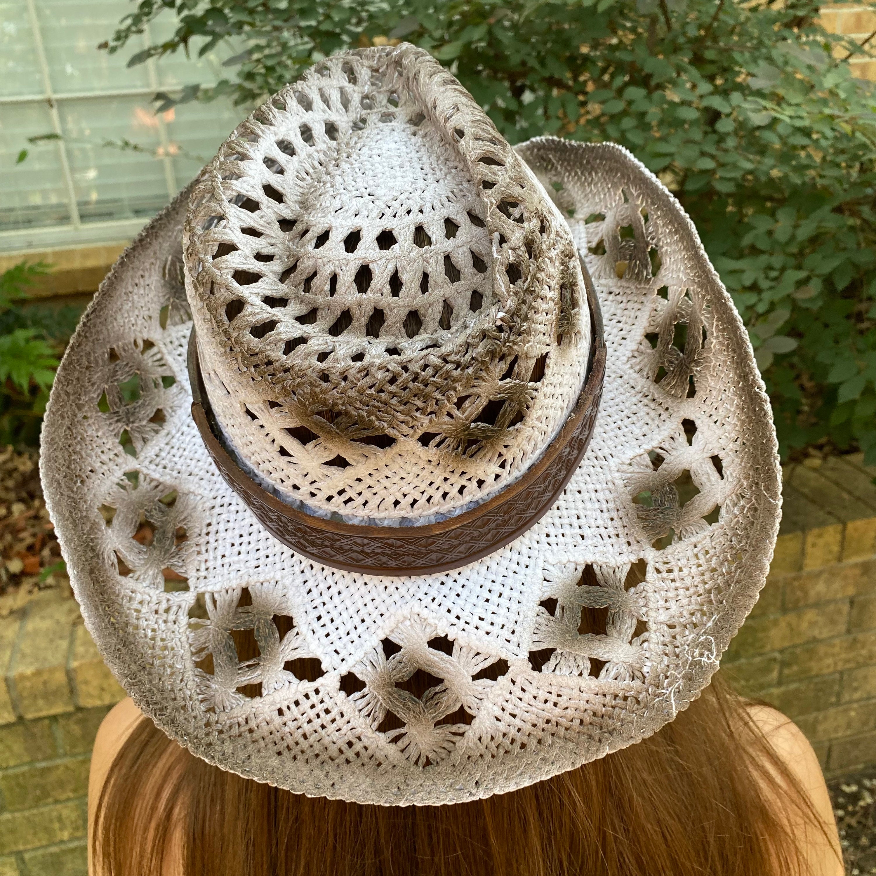 White Straw Cowboy Hat, Antiqued Straw With Unique Hand 