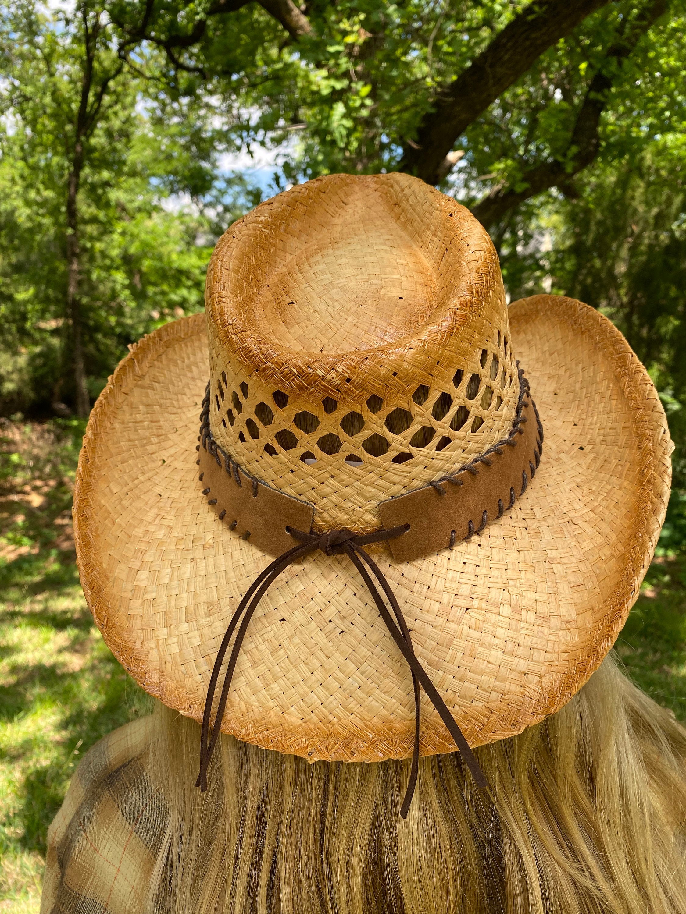 Straw Cowboy Hat, Antiqued Straw With Brown Stitched Hat  display picture 1