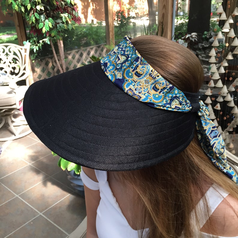 WideLong Brim Visor with Attached Scarf in Front and Loops Around Back to Tie Monogrammed with Beach Babe on Top and Under the Visor.